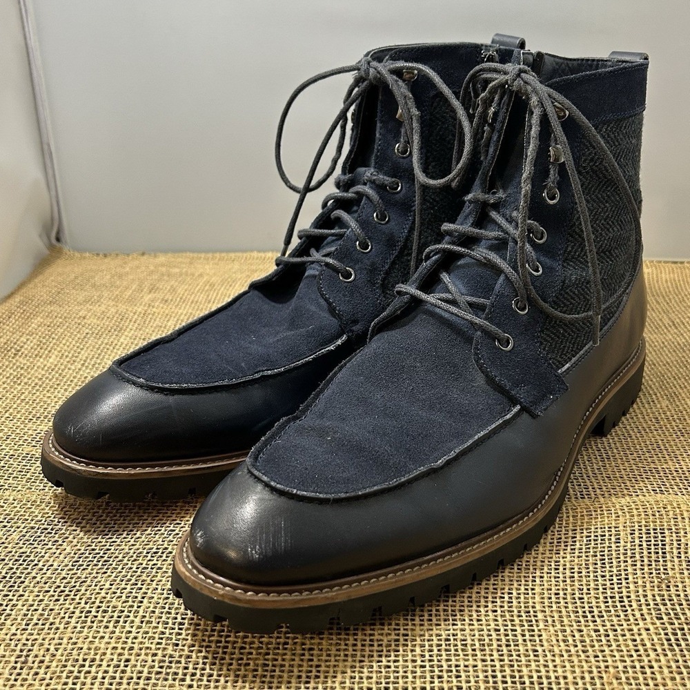 La Milano Hearth Mens Navy Leather Suede Herringbone Lace Up Boots 8521145K 12